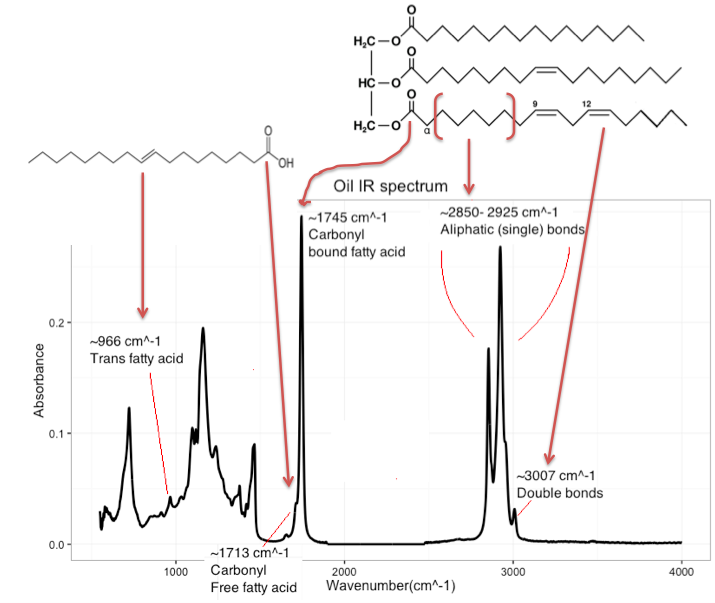 **Top right)** Triglyceride. Left part: Glycerol backbone. Right part from top to bottom: Unsaturated, monounsaturated and polyunsaturated fatty acid. **Top left)** Trans fatty acid. **Bottom)** Raw IR spectrum of mixed oil.
